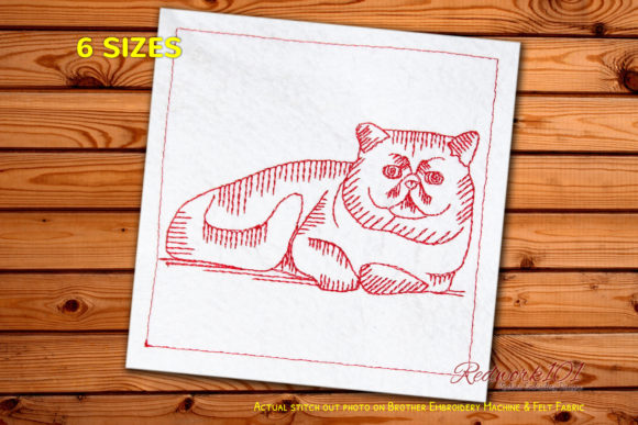 Fluffy Exotic Shorthair Cat Redwork Embroidery Design